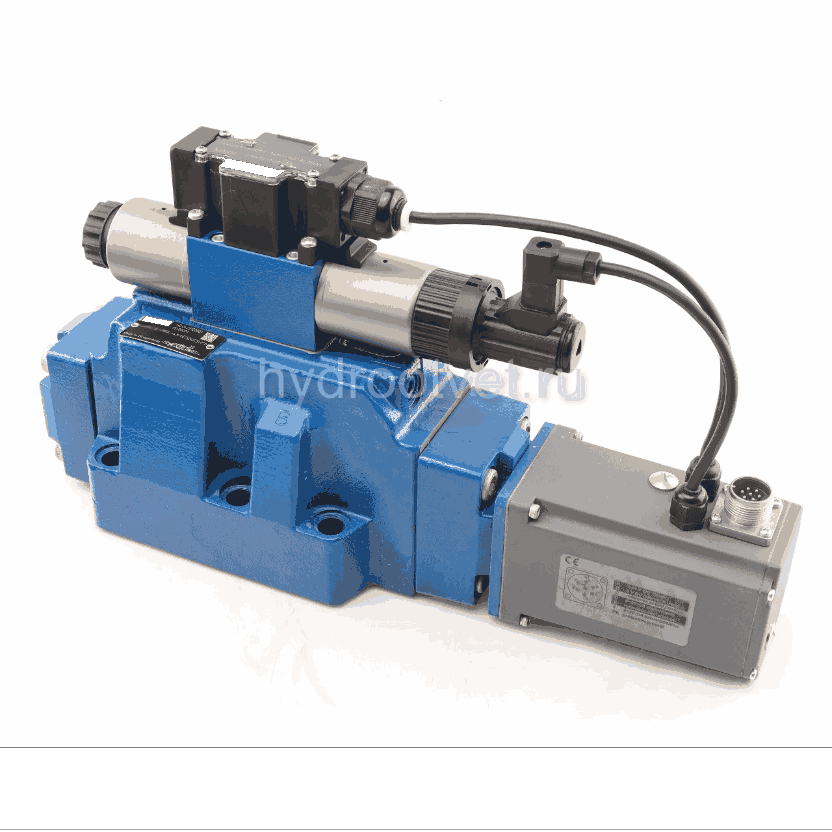 4WRTE25V350L-4X/6EG24ETK31/A1M - Пропорциональный быстродействующий распределитель с обратной связью по положению золотника и со встроенным усилителем (OBE), Ду25, A1 = ±10 В, номинальный расход 350 л/мин, схема V, каналы управления ET = X и Y - внутренни
