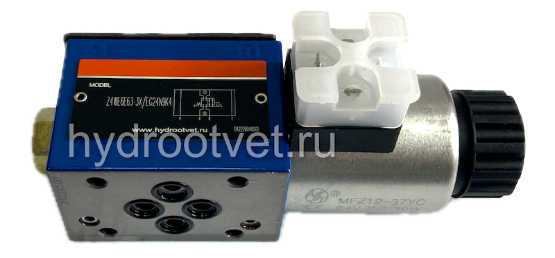 Z4WE6E63-3X/EG24N9K4 - Гидрораспределитель золотниковый Ду 6 модульного монтажа с электроуправлением, схема E63, электроуправление G24, возврат - пружинный