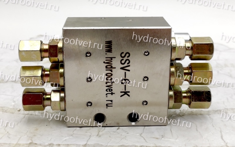 SSV-6-K - Питатель для прогрессивных систем смазки с рабочим давлением 300 бар, количество выходов 6, максимальная доза 0,2 мл/цикл, под электрический индикатор