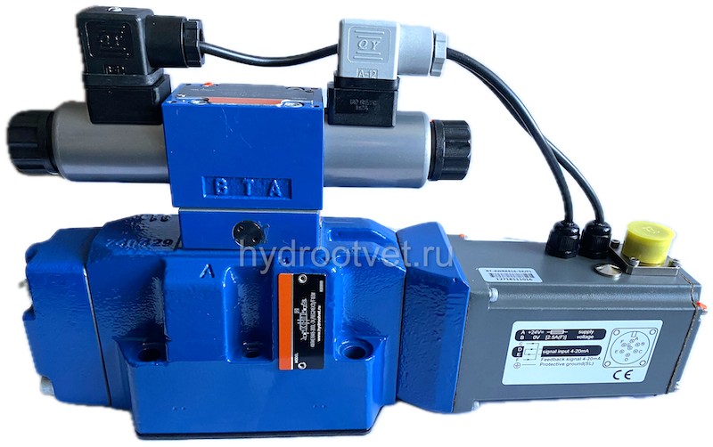 4WRKE16W8-200L-3X/6EG24K31/A1D3M - Пропорциональный распределитель с обратной связью по положению золотника и со встроенным усилителем (OBE), Ду16, A1 = ±10 В, номинальный расход 200 л/мин, схема W8-, каналы управления X и Y - внешние