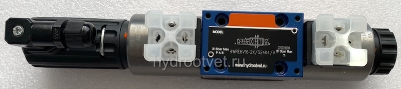 4WRE6E16-2X/G24K4/V - Пропорциональный распределитель с обратной связью по положению золотника без встроенной электроники Ду6, номинальный расход 16 л/мин, схема E