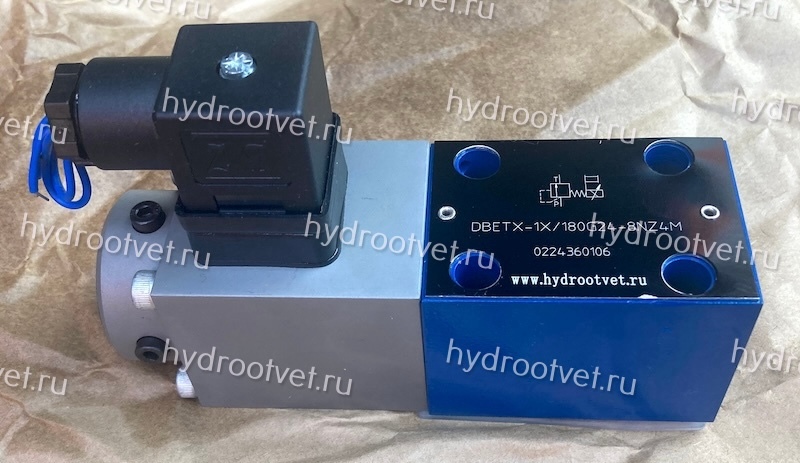 DBETX–1X/180G24–8NZ4M - Пропорциональный предохранительный клапан (расход до 1 л/мин), давление регулировки до 180 бар, сила тока на катушке 0.8 A max