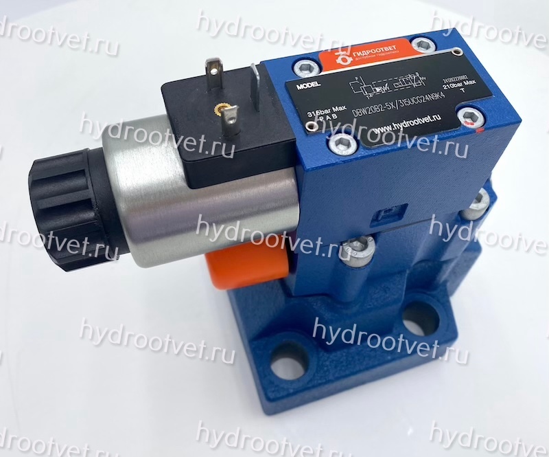 DBW20B2-5X/315YCG24N9K4 - Предохранительный клапан Ду25 с давлением настройки до 315 бар, управление - Y - внешний дренаж с разгрузкой B = открыт с электроуправлением G24