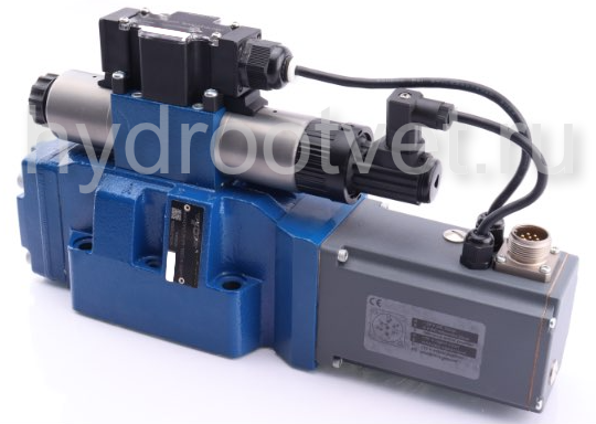 4WRTE16V200L-4X/6EG24ETK31/A1M - Пропорциональный быстродействующий распределитель с обратной связью по положению золотника и со встроенным усилителем (OBE), Ду16, A1 = ±10 В, номинальный расход 200 л/мин, схема V, каналы управления ET = X и Y - внутренни