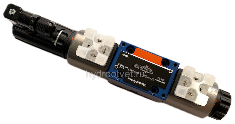 4WRE6V16-2X/G24K4/V - Пропорциональный распределитель с обратной связью по положению золотника без встроенной электроники Ду6, номинальный расход 16 л/мин, схема V