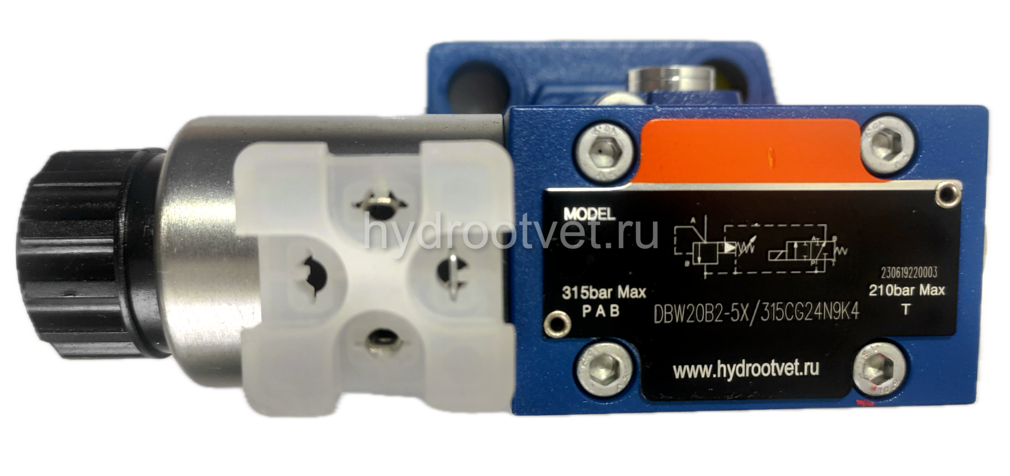 DBW20B2-5X/100CW110-50N9K4 - Предохранительный клапан Ду25 с давлением настройки до 100 бар, управление - X и Y - внутренние с разгрузкой B = открыт с электроуправлением W110