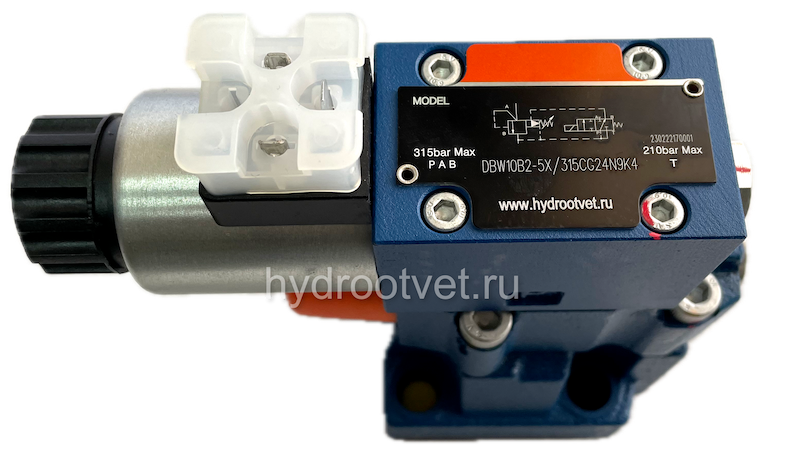 DBW10B2-5X/200XYCG24N9K4 - Предохранительный клапан Ду10 с давлением настройки до 200 бар, управление - X и Y - внешние с разгрузкой B = открыт с электроуправлением G24