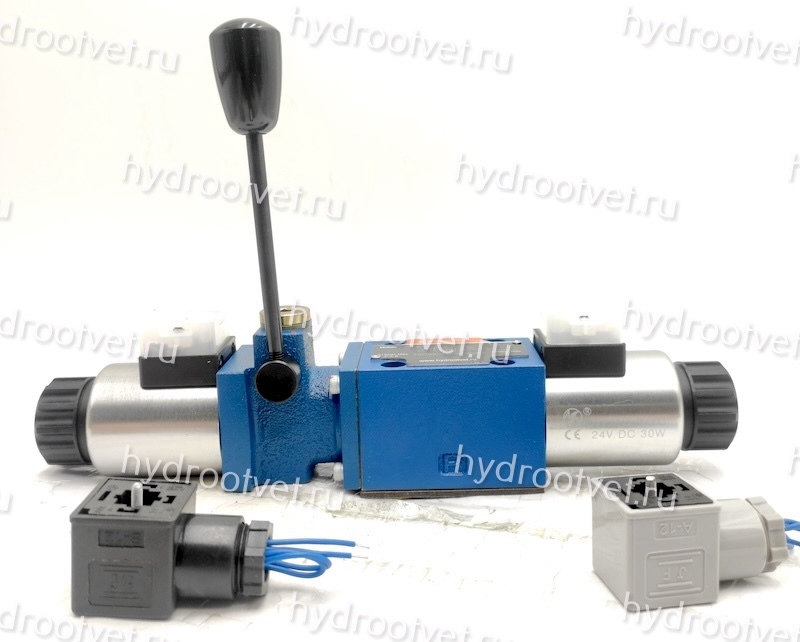 4WEMM6G6X/CG24N9Z4 - Гидрораспределитель золотниковый Ду6 с электрическим и ручным управлением от рычага, схема G (64), электроуправление G24, возврат - пружинный