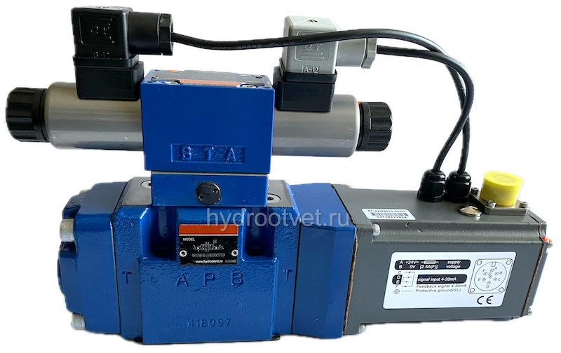 4WRKE10W8-50L-3X/6EG24ETK31/A1D3M - Пропорциональный распределитель с обратной связью по положению золотника и со встроенным усилителем (OBE), Ду10, A1 = ±10 В, номинальный расход 50 л/мин, схема W8-, каналы управления ET = X и Y - внутренние
