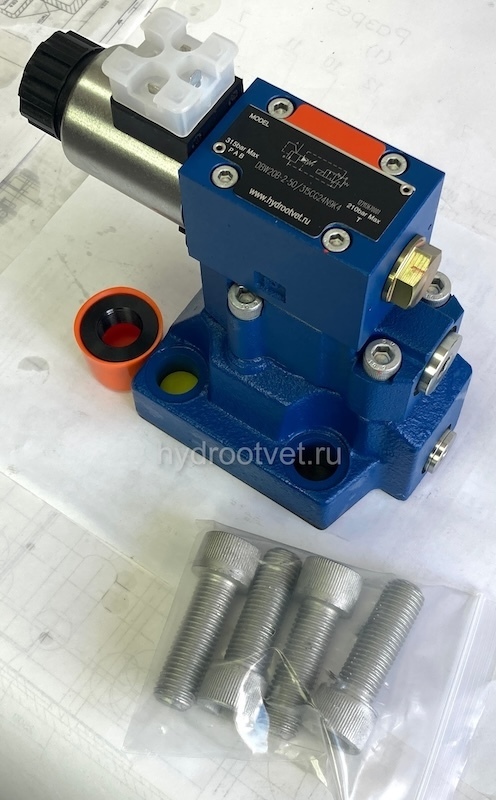 DBW20B2-5X/200YCW110-50N9K4 - Предохранительный клапан Ду25 с давлением настройки до 200 бар, управление - X и Y - внутренние с разгрузкой B = открыт с электроуправлением W110