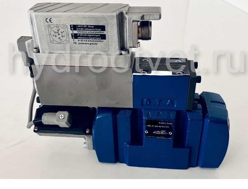 4WRLE10W6-100LJ-4X/MXY/24A1 - Пропорциональный сервораспределитель с обратной связью по положению золотника и со встроенным усилителем (OBE), Ду10, A1 = ±10 В, номинальный расход 100 л/мин, схема W6-, каналы управления XY = X и Y внешние