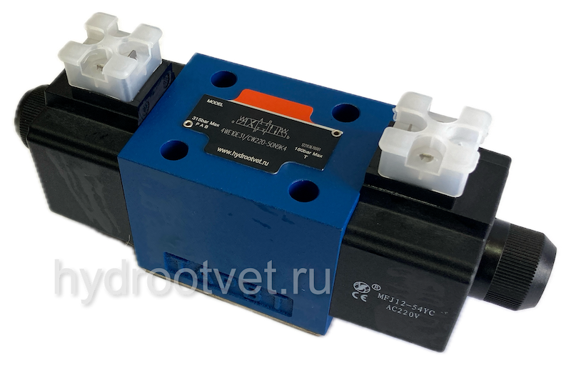 4WE10T31/CW220-50N9K4 - Гидрораспределитель золотниковый Ду 10 с электроуправлением W230, схема T (64А), возврат - пружинный