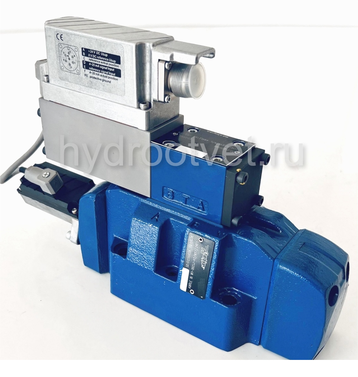 4WRLE16W6-200LJ-4X/MXY/24A1 - Пропорциональный сервораспределитель с обратной связью по положению золотника и со встроенным усилителем (OBE), Ду16, A1 = ±10 В, номинальный расход 200 л/мин, схема W, каналы управления XY = X и Y внешние