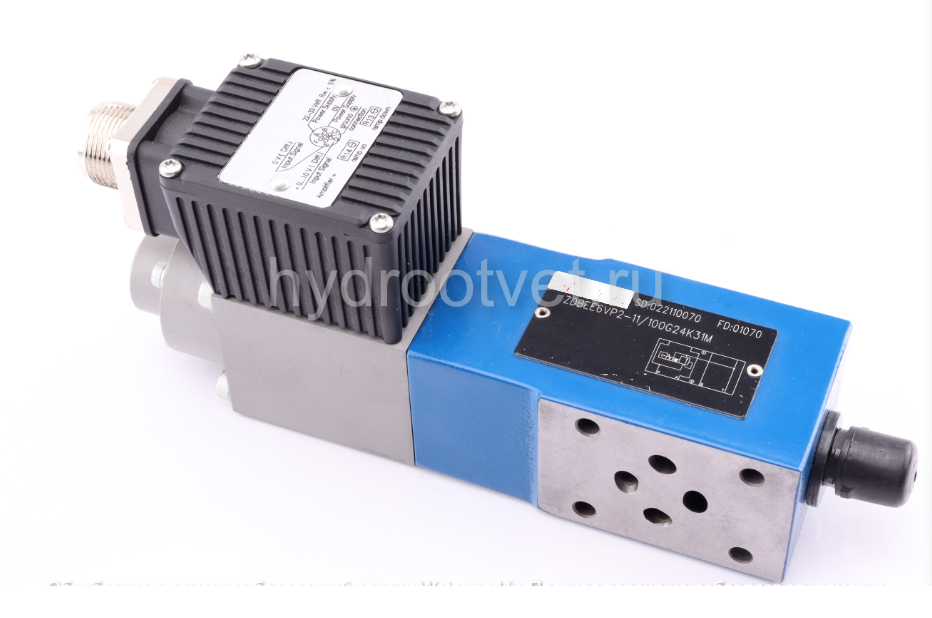 ZDBEE6VP2-1X/100G24K31M - Пропорциональный предохранительный клапан Ду6 (расход до 30 л/мин), давление регулировки до 100 бар, встроенные усилитель = есть, монтаж - модульный
