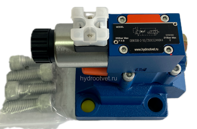 DBW30B2-5X/100CW110-50N9K4 - Предохранительный клапан Ду32 с давлением настройки до 100 бар, управление - X и Y - внутренние с разгрузкой B = открыт с электроуправлением W110