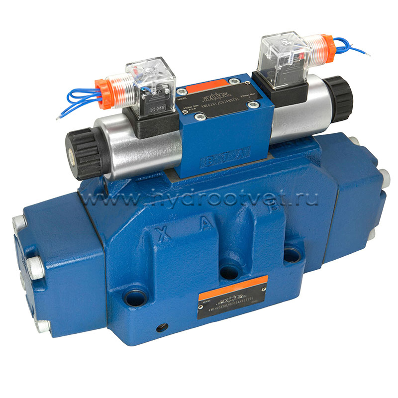 4WEH22E7X/6EG24N9K4 - Гидрораспределитель с электроуправлением Ду25 схема E (44), напряжение G24, каналы управления X и Y - внешние